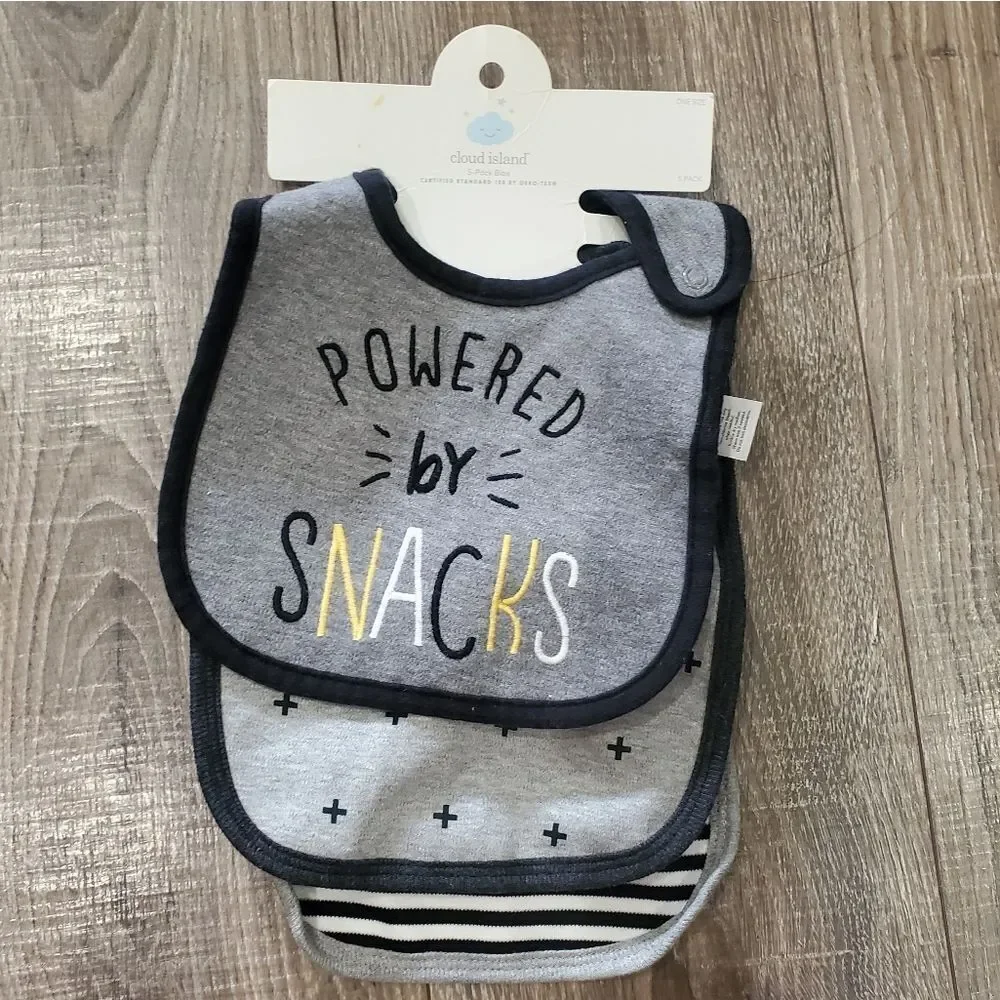 NEW Baby Bibs Cloud Island Gray and Black Snack Bib Set 3 Pieces